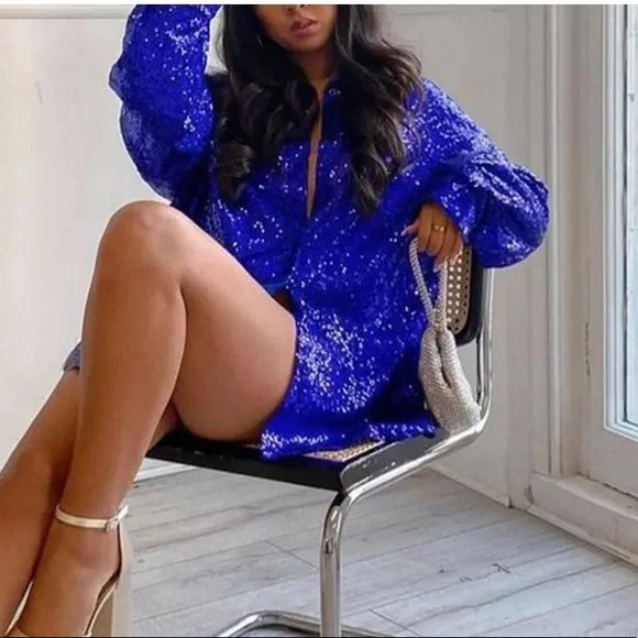 Sequin dress shirt collar button top night out party dresses royal blue - Picture 5 of 8